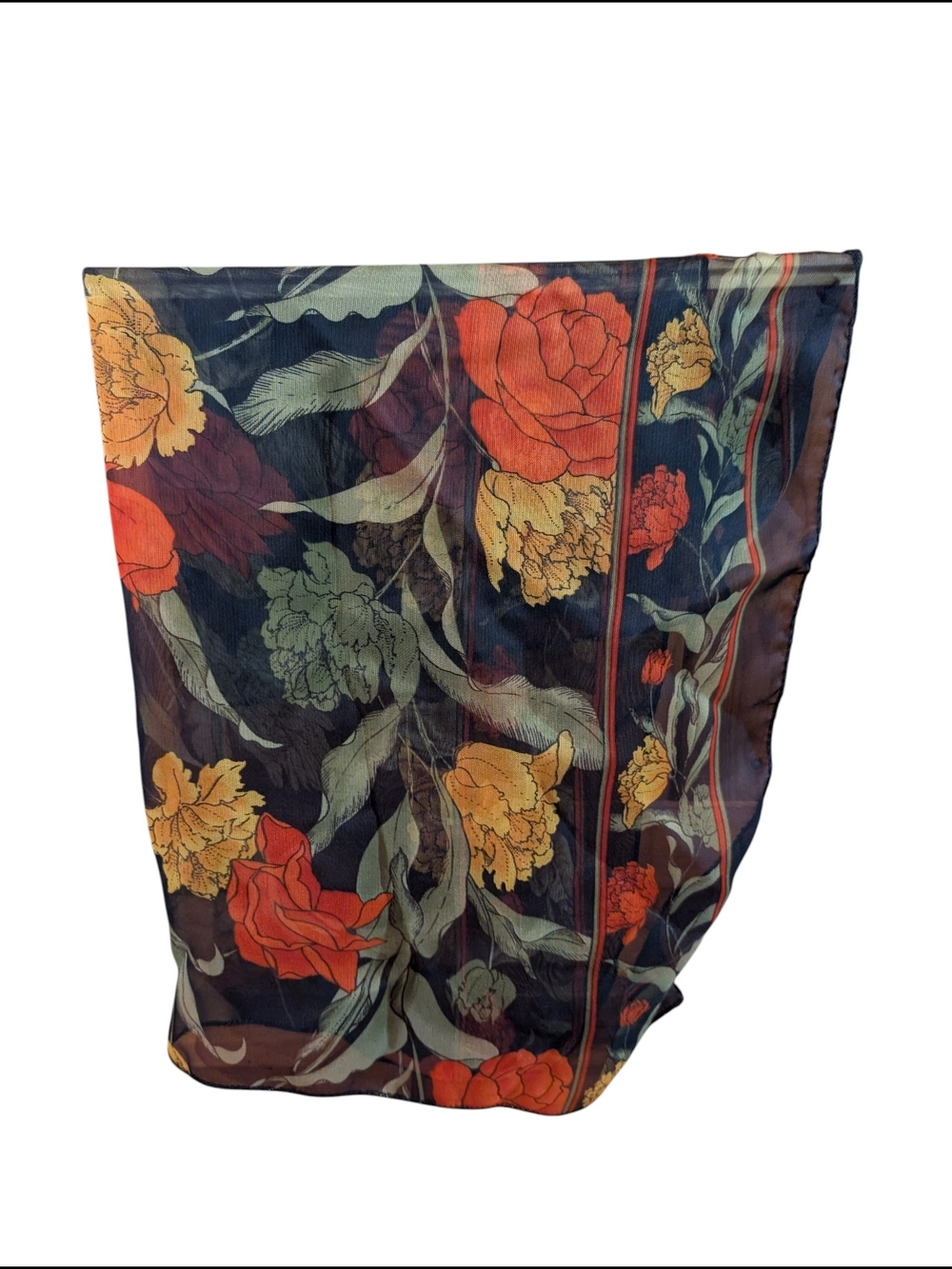 Floral Silk-Blend Scarf - Navy with Red & Yellow Blooms